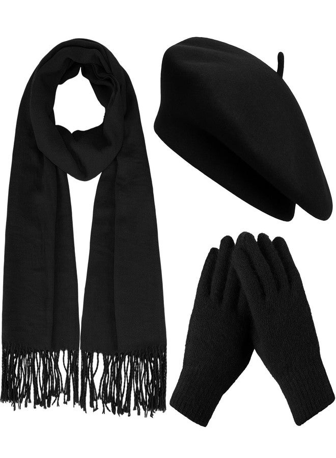 Floraltop 3 Pack Beret Hat Scarf Glove Set French Hat Pashmina Shawl Scarf Winter Gloves Set Women Christmas Clod Weather(Black) - Image 1